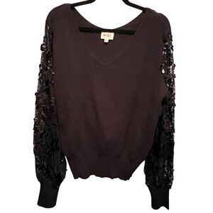 Bibi Black Sequin Sheer Sleeve V Neck Sweater Size XL | Going Out Top - Evening